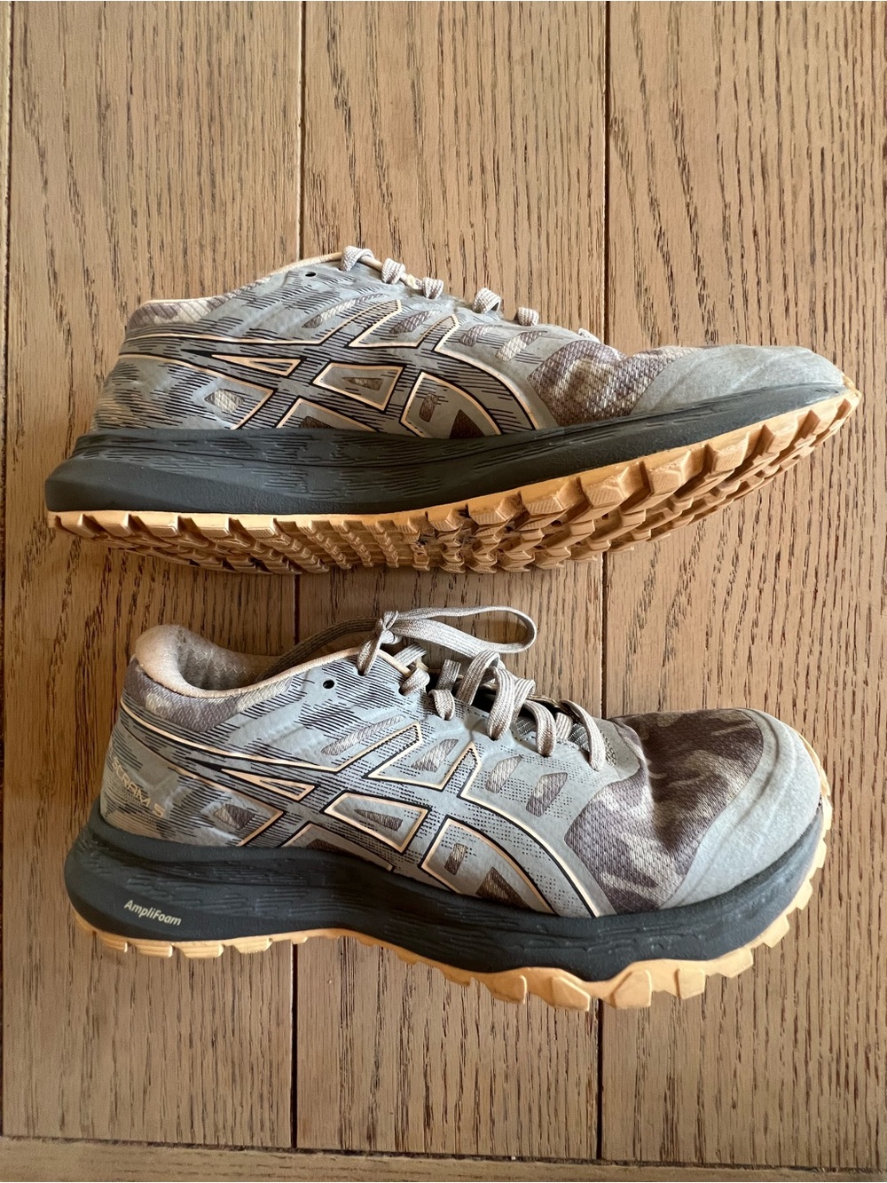 ASICS Gel Scram 5 Trail Running Shoes Women’s 6.5 Gray Camo Ampliofoam Sneakers
